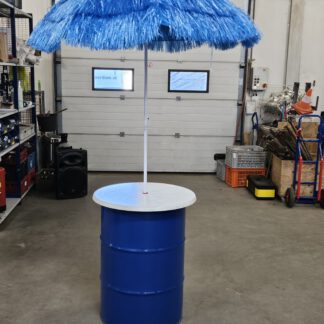 Statafel olievat blauw met parasol